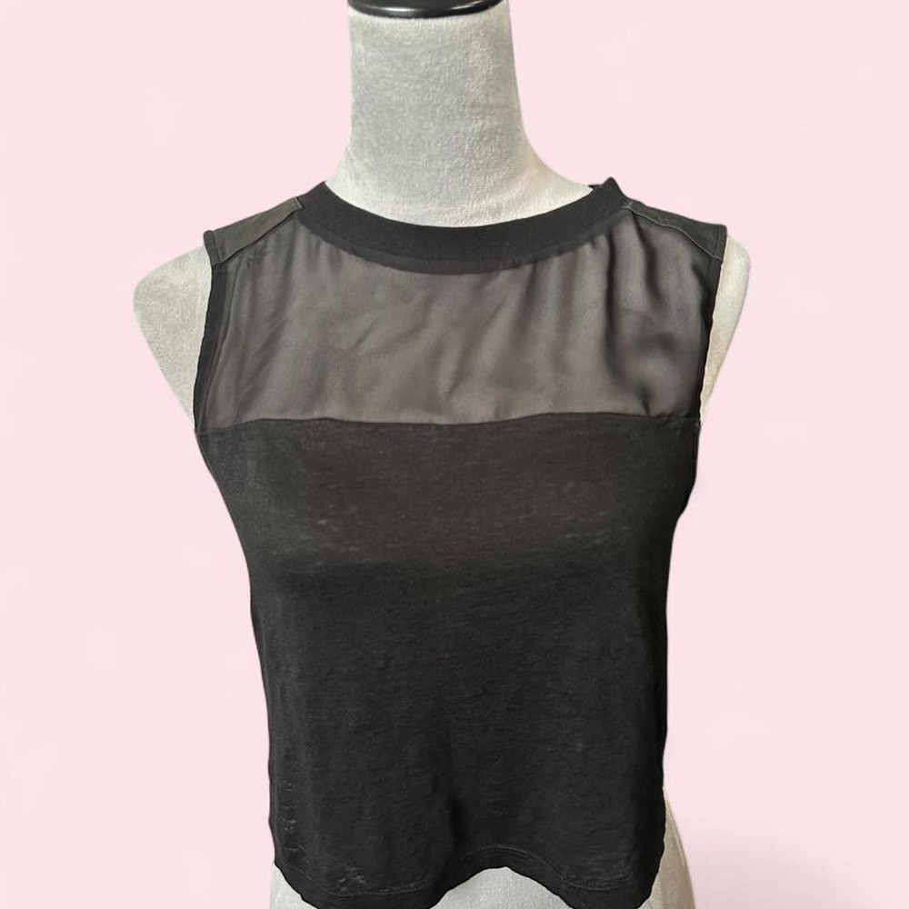 Alice + Olivia AIR Black Sheer Yoke Linen Blend Sleeveless Crop Top